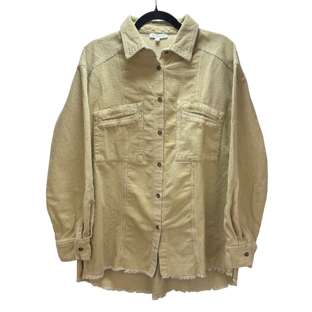 AEMI + CO Size L Sandy Brown Washed Corduroy Heavy Shirt‎ Raw Edge Cotton Casual